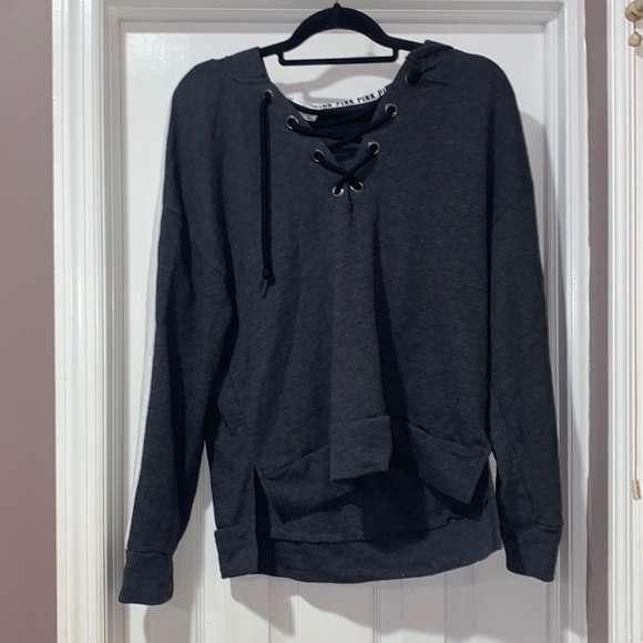 PINK Gray Lace Up Hoodie - MEDIUM - Picture 1 of 5